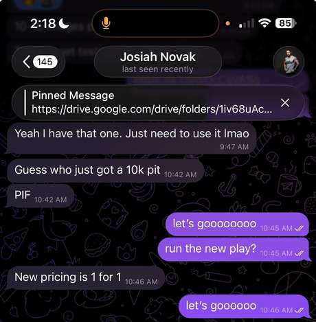 Josiah Novak telling Sameem he just closed a $10k paid-in-full client
