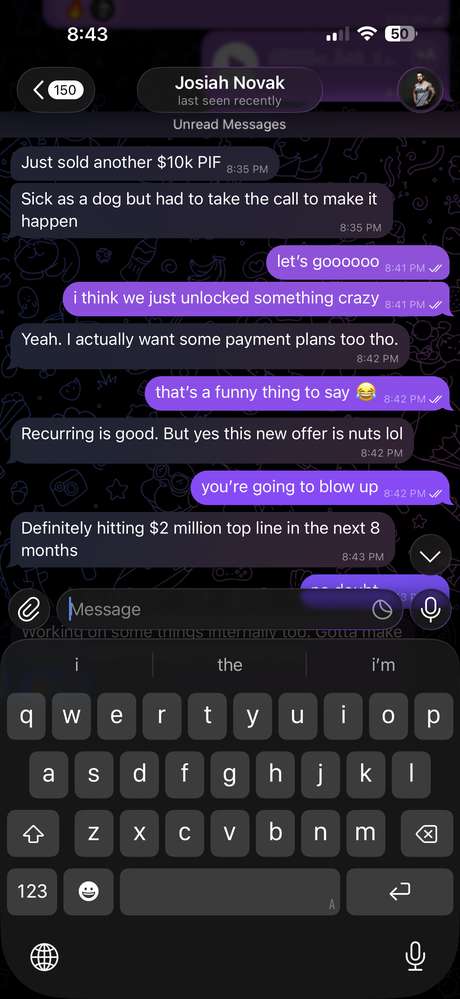 Josiah Novak telling Sameem he sold another $10k paid-in-full client