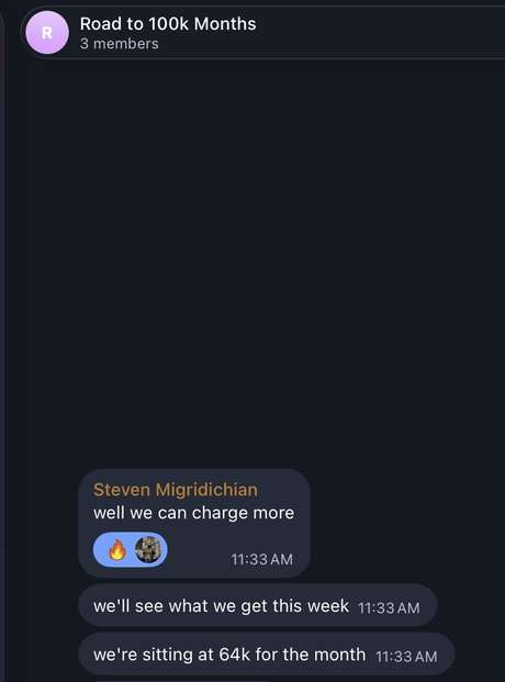 Steven Migridichian telling Sameem he is at $64k for the month